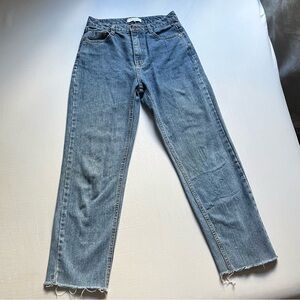 OLIVE CLOTHING medium blue wash denim raw‎ fray slim straight leg jeans